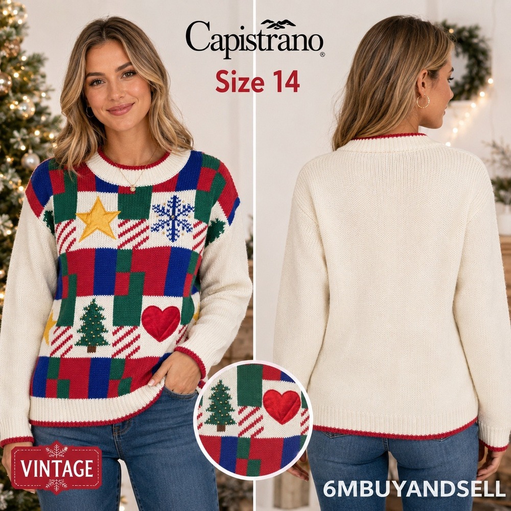 Vintage Capistrano Christmas Sweater Womens 14 Patchwork Knit Ramie Cotton Retro